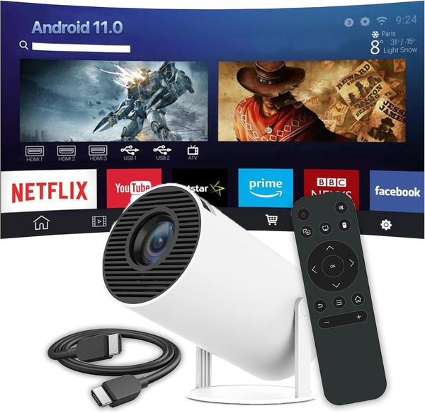 HY300 Mini Projector – Full HD 1080p, 4K, Auto Keystone, Android 11, WiFi & Bluetooth, 5W Speaker جهاز عرض HY300 صغير – Full HD 1080p، 4K، ضبط تلقائي، أندرويد 11، واي فاي وبلوتوث، مكبر صوت 5 وات