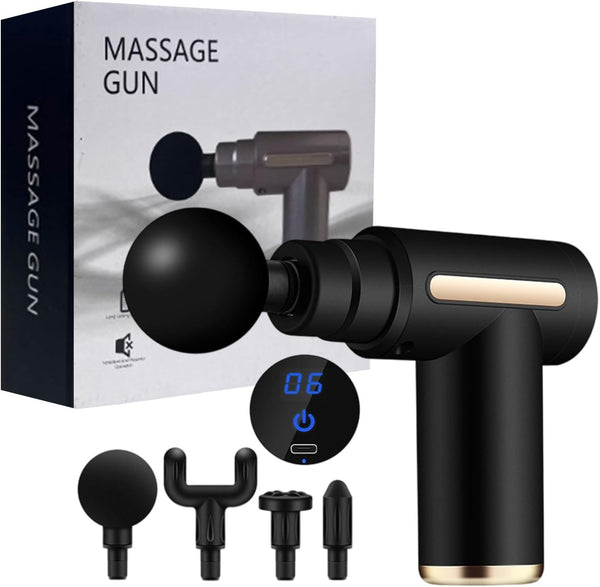 Cordless Massage Gun – 6 Speeds Deep Tissue, USB-C Fast Charge, LED Display, Home & Workout, Gift (Black) جهاز تدليك لاسلكي – 6 سرعات للتدليك العميق، شحن USB-C سريع، شاشة LED، للاستخدام المنزلي والتمارين، هدية (أسود)
