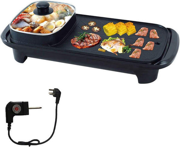 Electric BBQ Grill & Hot Pot 2-in-1 – Smokeless Non-Stick Indoor Roasting Pan, Multi-Functional Shabu Hot Pot, Family Party Use (UK Plug) شواية كهربائية مع قدر ساخن 2 في 1 – بدون دخان، غير لاصقة، للشواء الداخلي والشابو، مثالية للحفلات العائلية (UK Plug)
