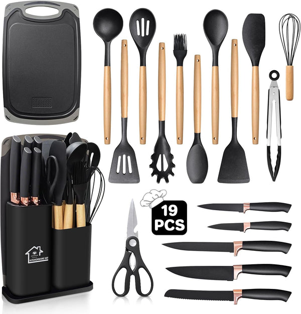 19 Pcs Silicone Kitchen Utensil Set, Heat Resistant Cooking Tools with Wooden Handles | طقم أدوات المطبخ سيليكون 19 قطعة، أدوات طبخ مقاومة للحرارة بمقابض خشبية