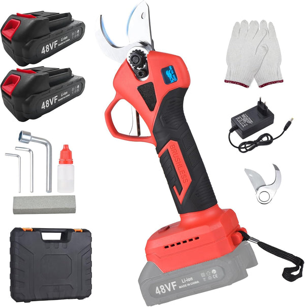 Electric Pruning Shears 30mm – 48V Cordless Portable Pruner, 2-Pack with 2000mAh Battery & Replacement Blades for Tree Branches مقص تقليم كهربائي 30مم – مقص لاسلكي محمول 48 فولت، عبوتان مع بطارية 2000mAh وشفرات بديلة لتقليم أغصان الأشجار