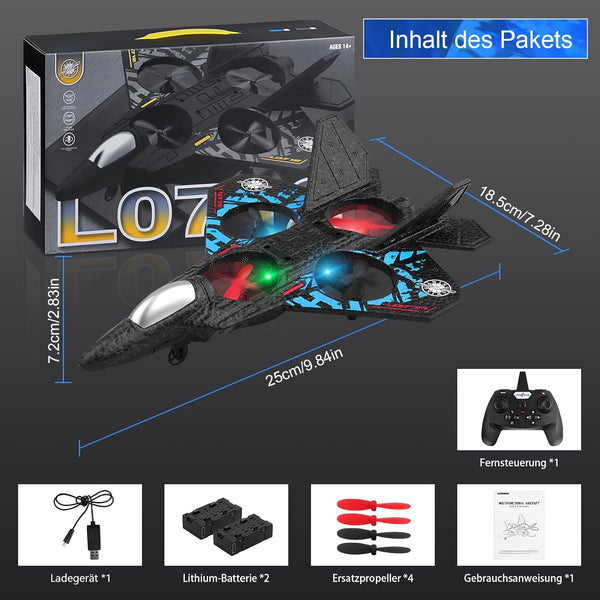 RC Aeroplane 2.4GHz Quadcopter L0712 – Floating Fighter, RTF for Beginners, Kids & Adults, Toy with Colored Lights & USB Charging طائرة RC 2.4GHz رباعية المحركات L0712 – مقاتلة عائمة جاهزة للطيران للمبتدئين، الأطفال والكبار، لعبة بأضواء ملونة وشحن USB