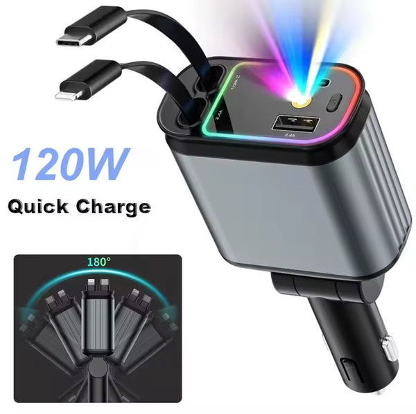 4-in-1 Car Charger with Retractable Cable, Atmosphere Lamp & Star Light, 120W USB Type-C Car Phone Charger Adapter, Dual Ports 12-24V شاحن سيارة 4 في 1 بكابل قابل للسحب، مصباح جوي وضوء النجوم، شاحن سيارة USB Type-C بقوة 120 واط، منافذ مزدوجة 12-24 فولت